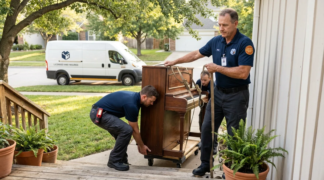 Licensed piano movers securing grand piano in Manila, UT