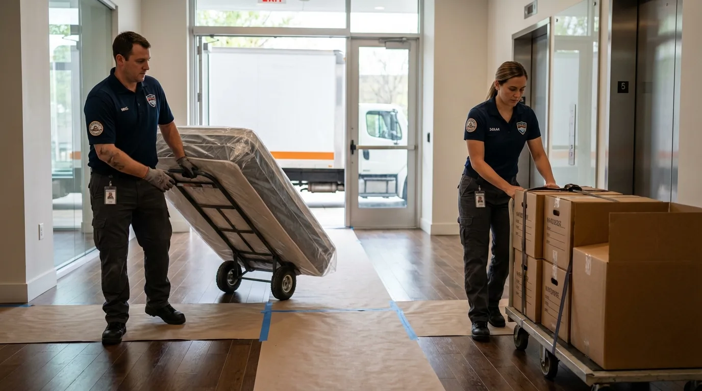 Professional apartment movers loading elevator in Manila, UT